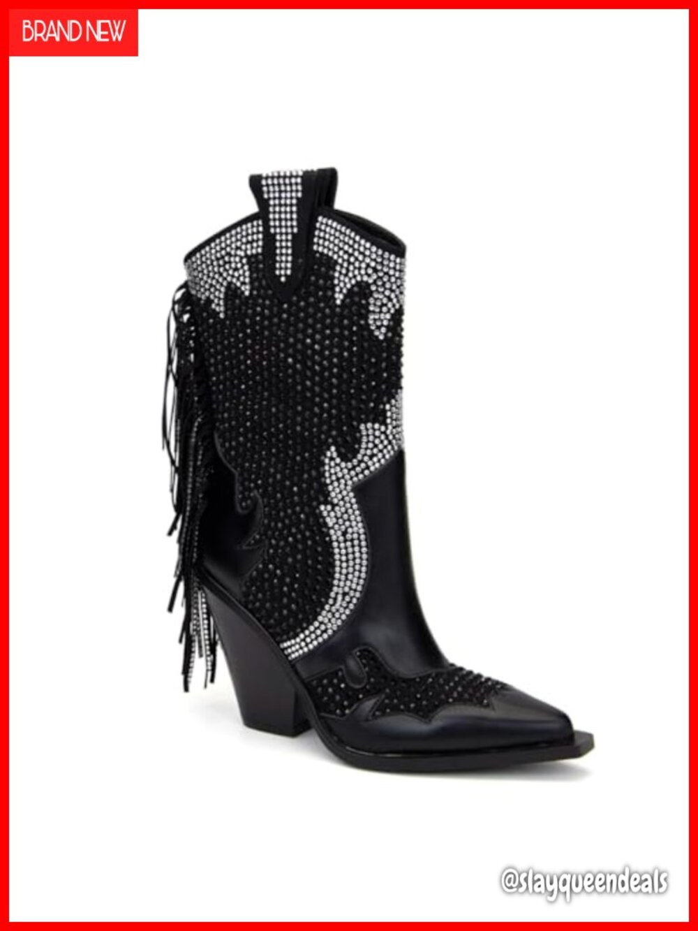 Mid Wide Calf Chunky Heel Rhinestone Western Cowboy Boots Faux Leather